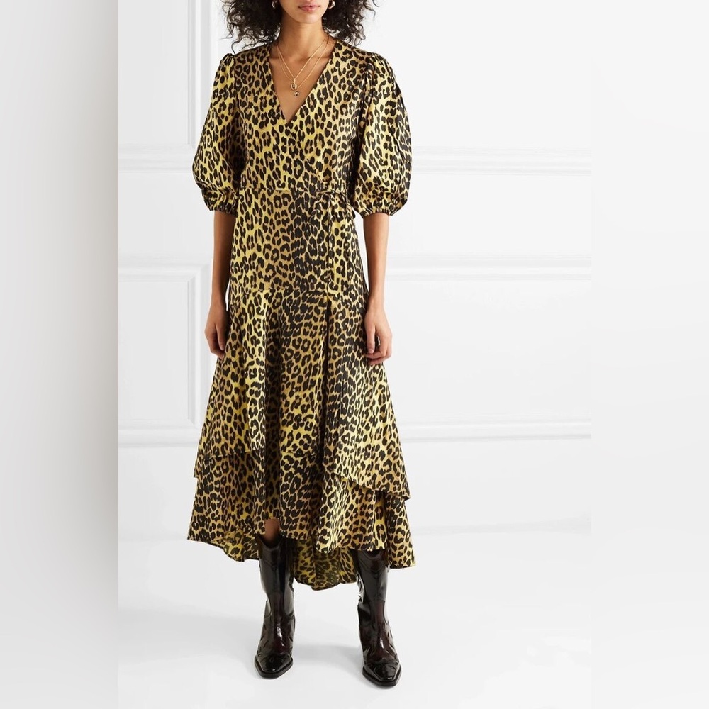 GANNI Bijou Leopard Print Cotton Wrap Dress in Mignon Yellow
